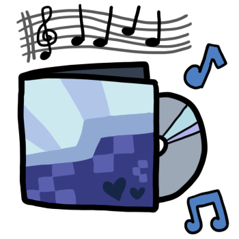 a cd case with an abstract blue cover and a disc coming out of the case on the viewers right side. there are two blue music notes on the right side, and at the top there is a treble clef with four simple music notes followed after, and a gray music staff behind them.